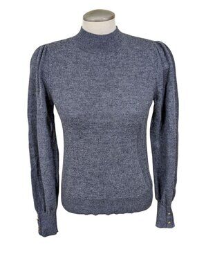 Womens Mock Neck Sweater Extra Fine Merino Wool Gray Gold Button Cuffs 90s